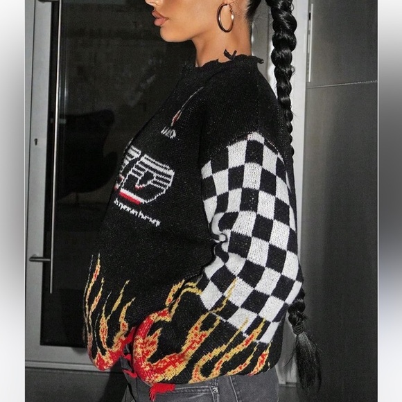 Bikercore Fire & Letter Speed Flame Pattern Drop Shoulder Sweater 2XL - Picture 3 of 15